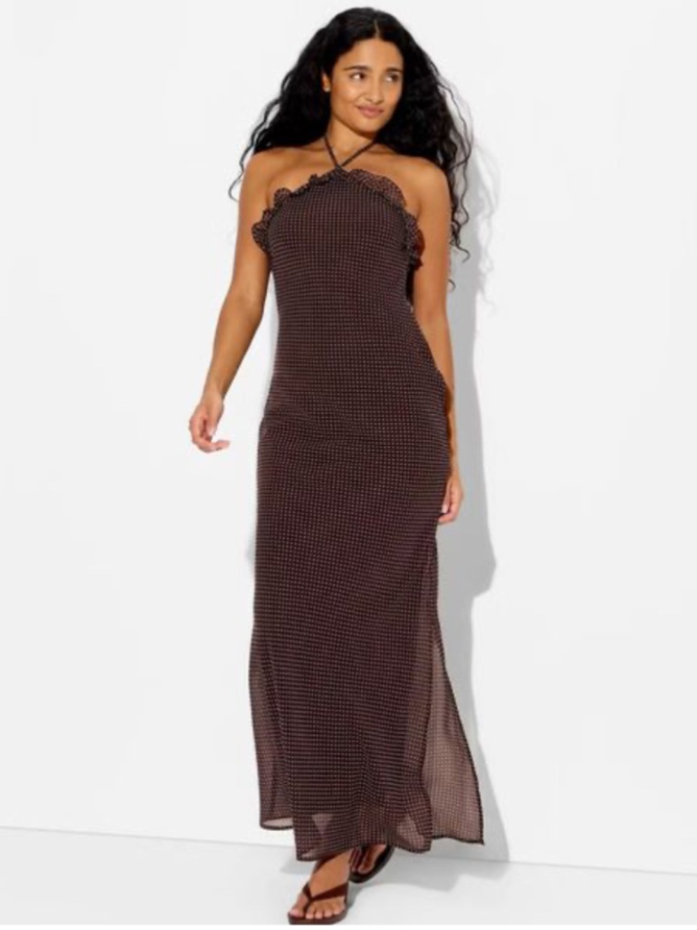 Wild Fable Chiffon Brown Polka Dot Ruffle Empire Waist Maxi Dress Size XXS NWOT